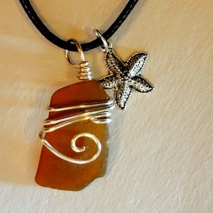 Maine Sea Glass Wire Wrapped Necklace with Starfish Charm